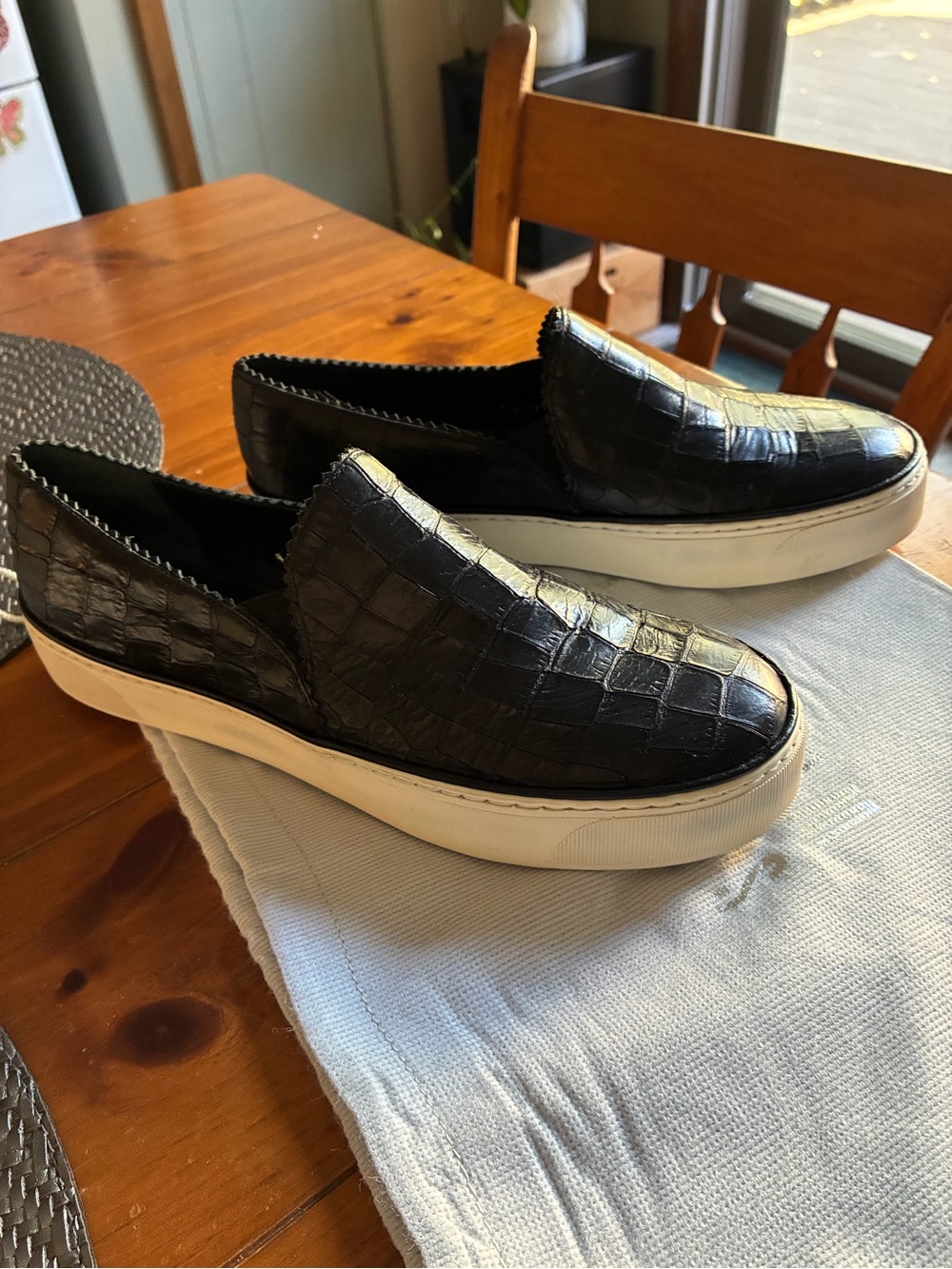 Stuart Weitzman Black Croc-Embossed Slip-On Sneakers with White Soles